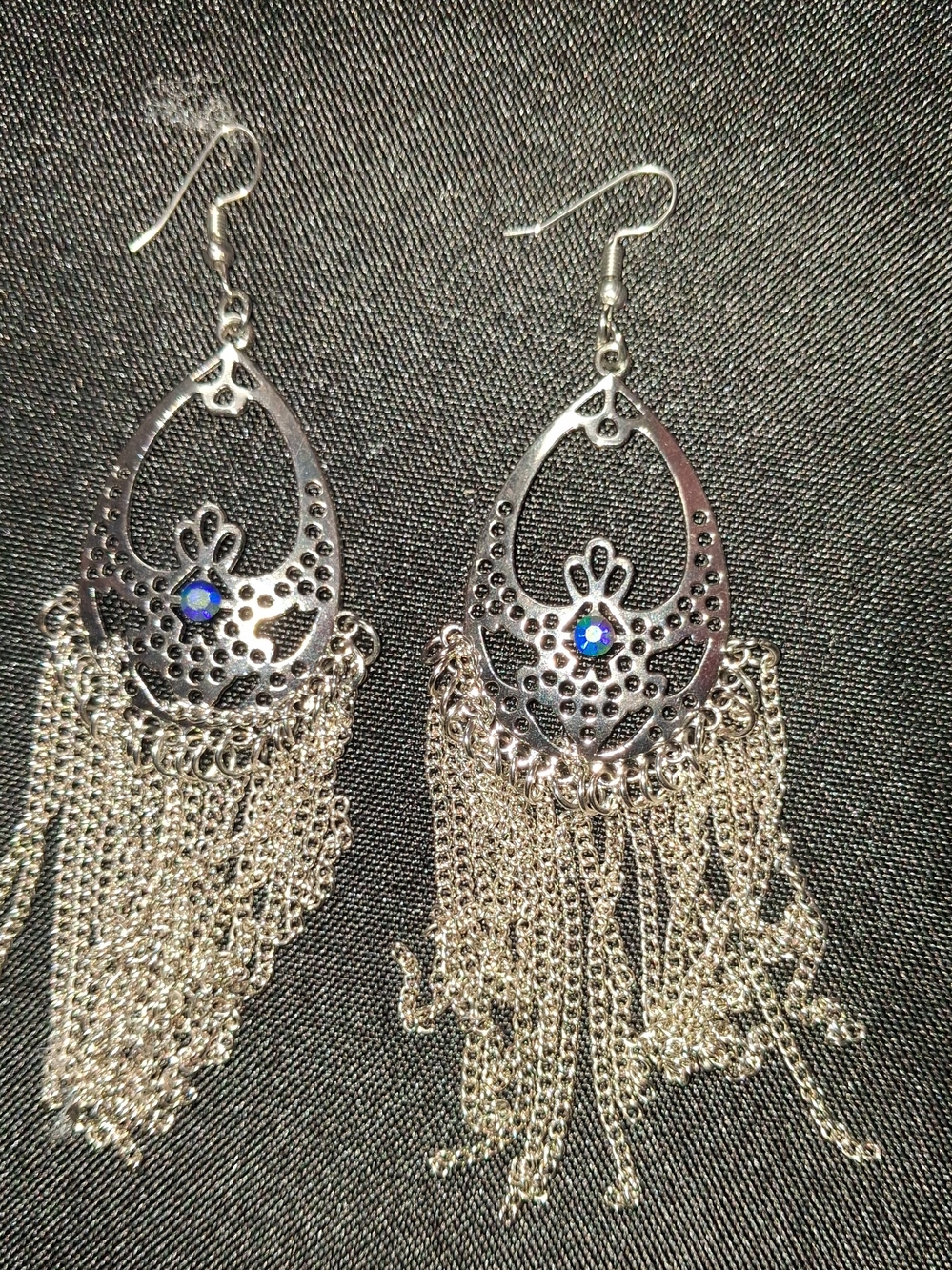 Silver-Tone Teardrop Dangle Earrings with Blue Accent